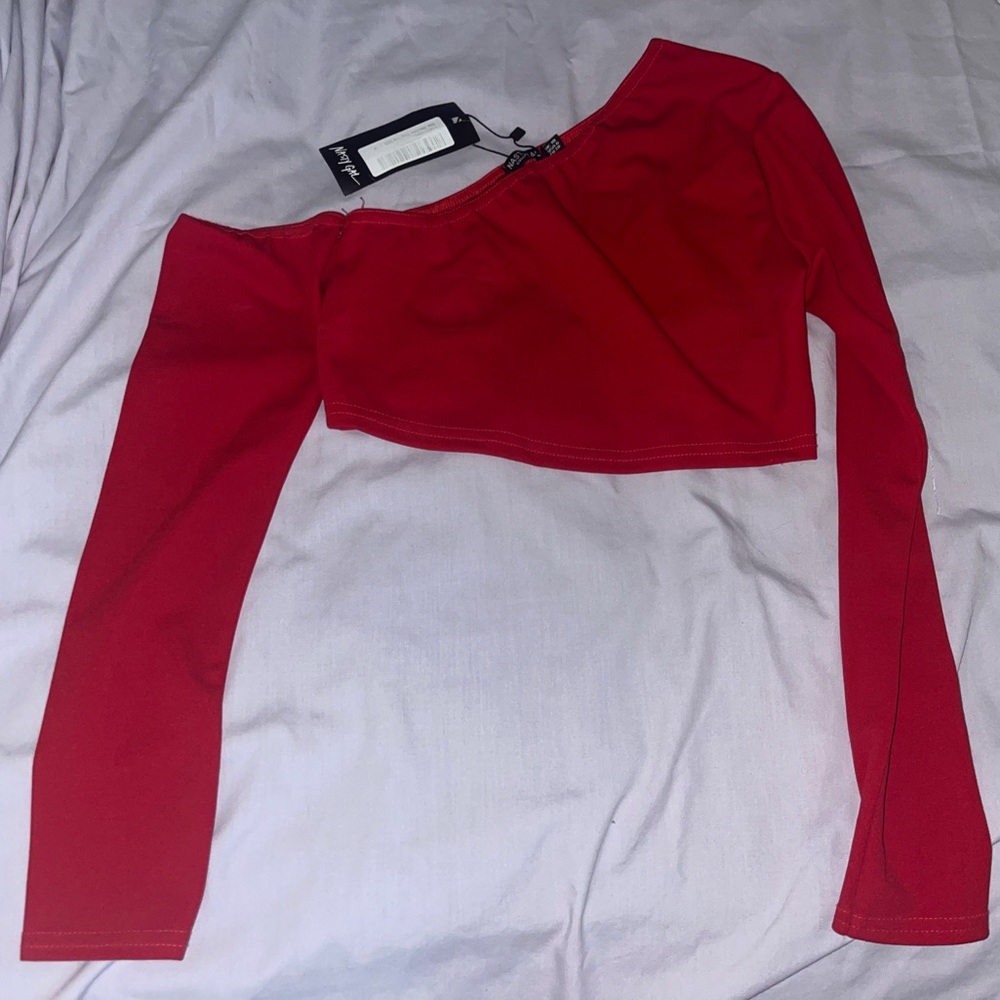 Red long sleeve asymmetrical crop top